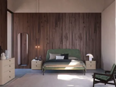 Complete bedroom with padded bed frame model Gaia and night elements with screen printed glass top.