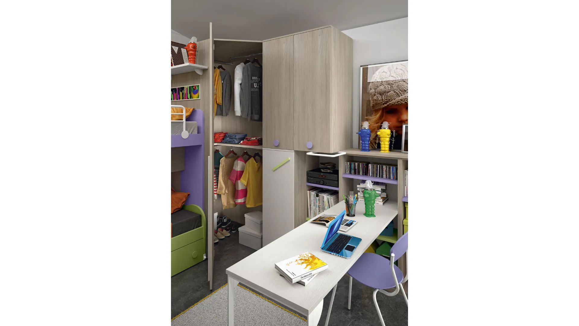 Corner wardrobe with two beds