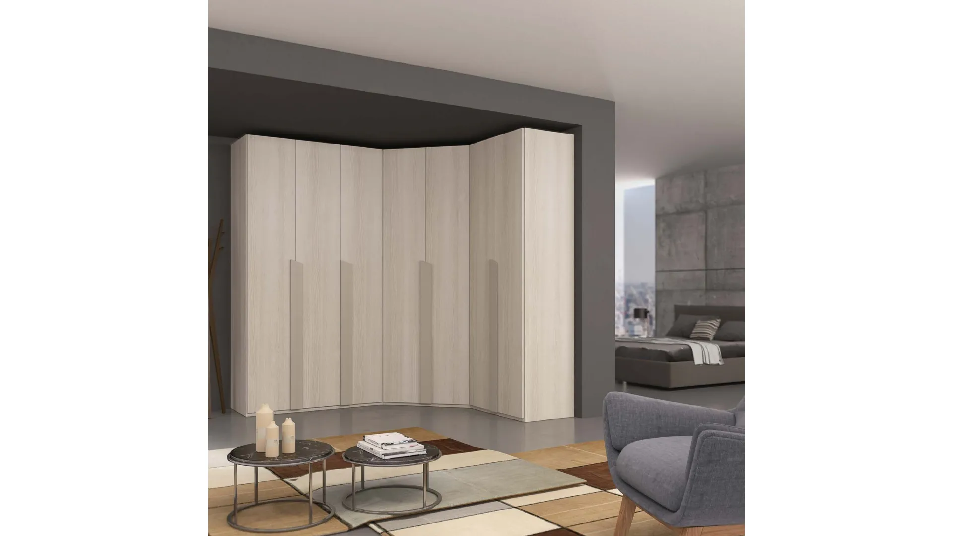 Corner wardrobe with swing door and vertical handles customizable finishes.