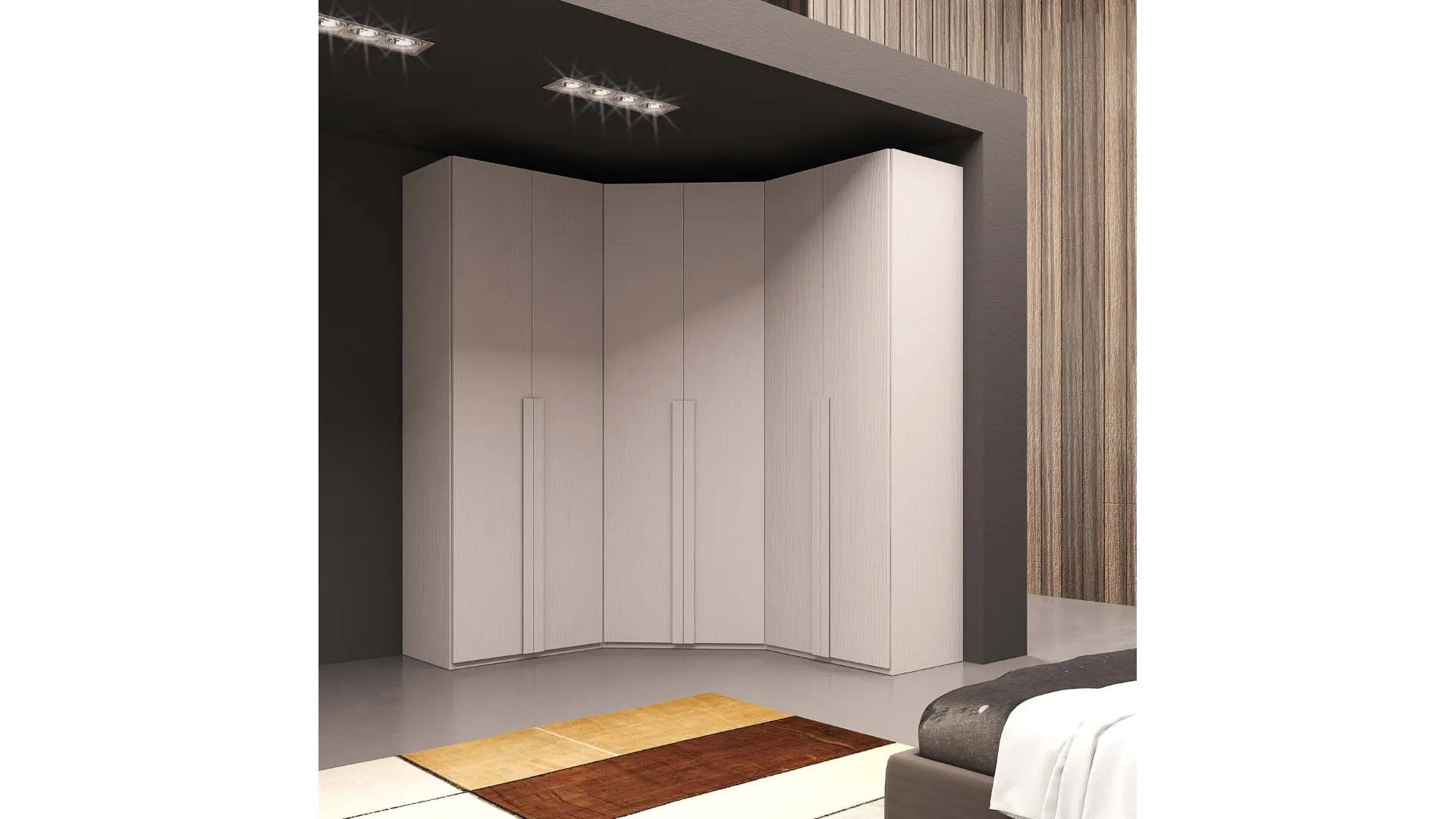 Corner wardrobe with swing door and vertical handles customizable finishes