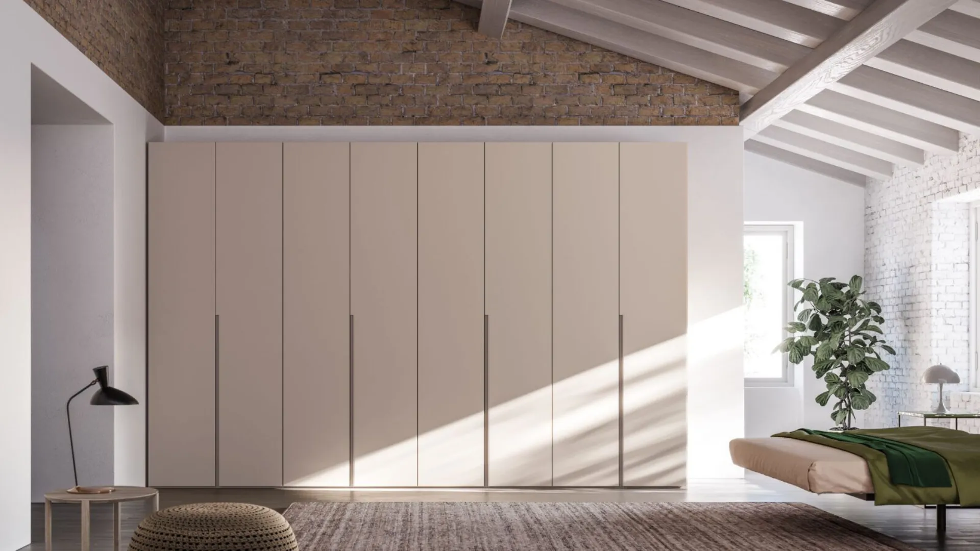 Swing door wardrobe with Gola 1200 door. Cotton interior, doors and handles in Tortora melamine.
