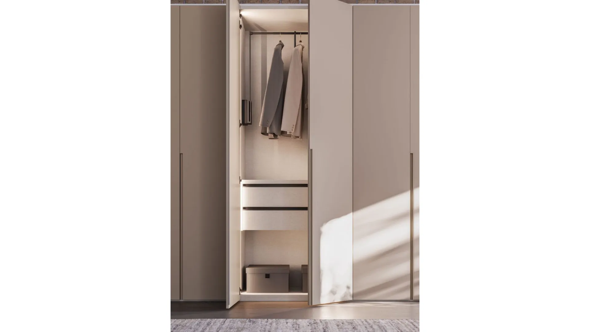 Wardrobe swing door with Gola 1200 door. Interior in Cotton, doors and handles in Tortora melamine.
