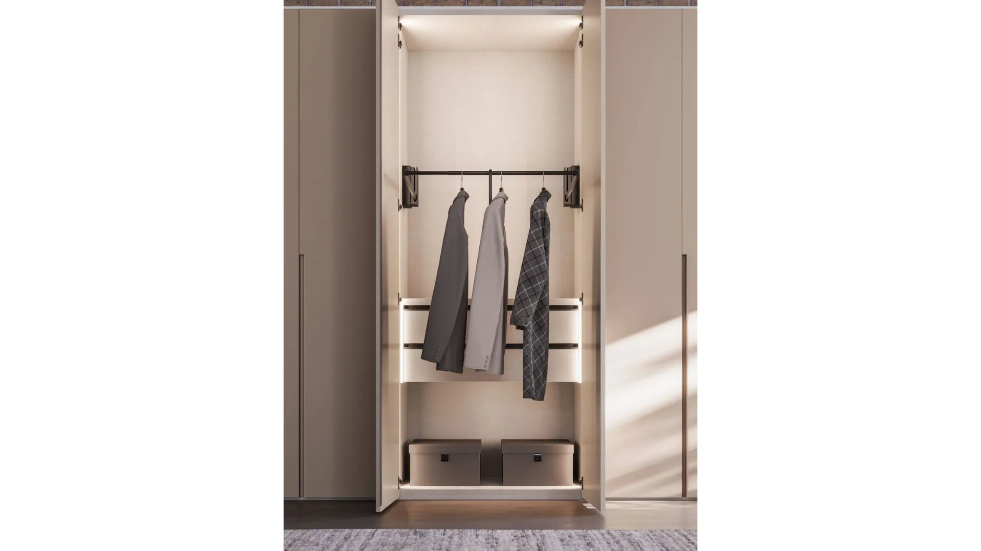 Hinged wardrobe with 1200 Gola door. Interior in Cotton, doors and handles in Tortora melamine.