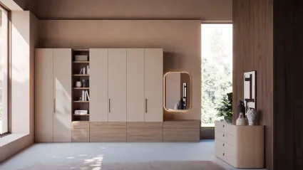 Hinged wardrobe with smooth door, interior in cotton, drawers and open element in walnut finish.