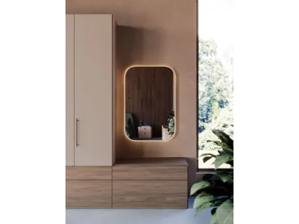 Swing wardrobe with smooth door, interior in cotton, drawers, and open element in textured walnut.
