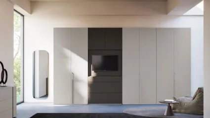 Hinged wardrobe with smooth door, TV unit with drawers in matte Titanium and Tufo finish.