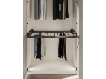Swinging wardrobe with smooth door, TV visual element with drawers in matte Titanium and Tufo finish.
