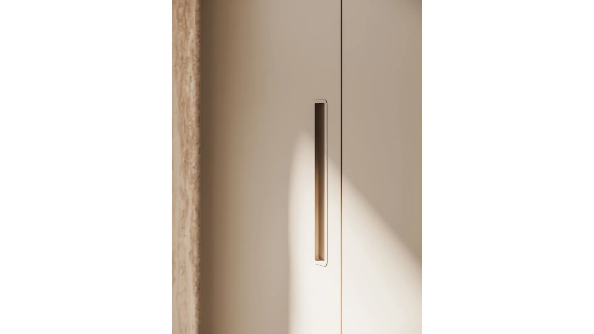 Swing door wardrobe in Tortora melamine and recessed handle in matte lacquered Ecru.
