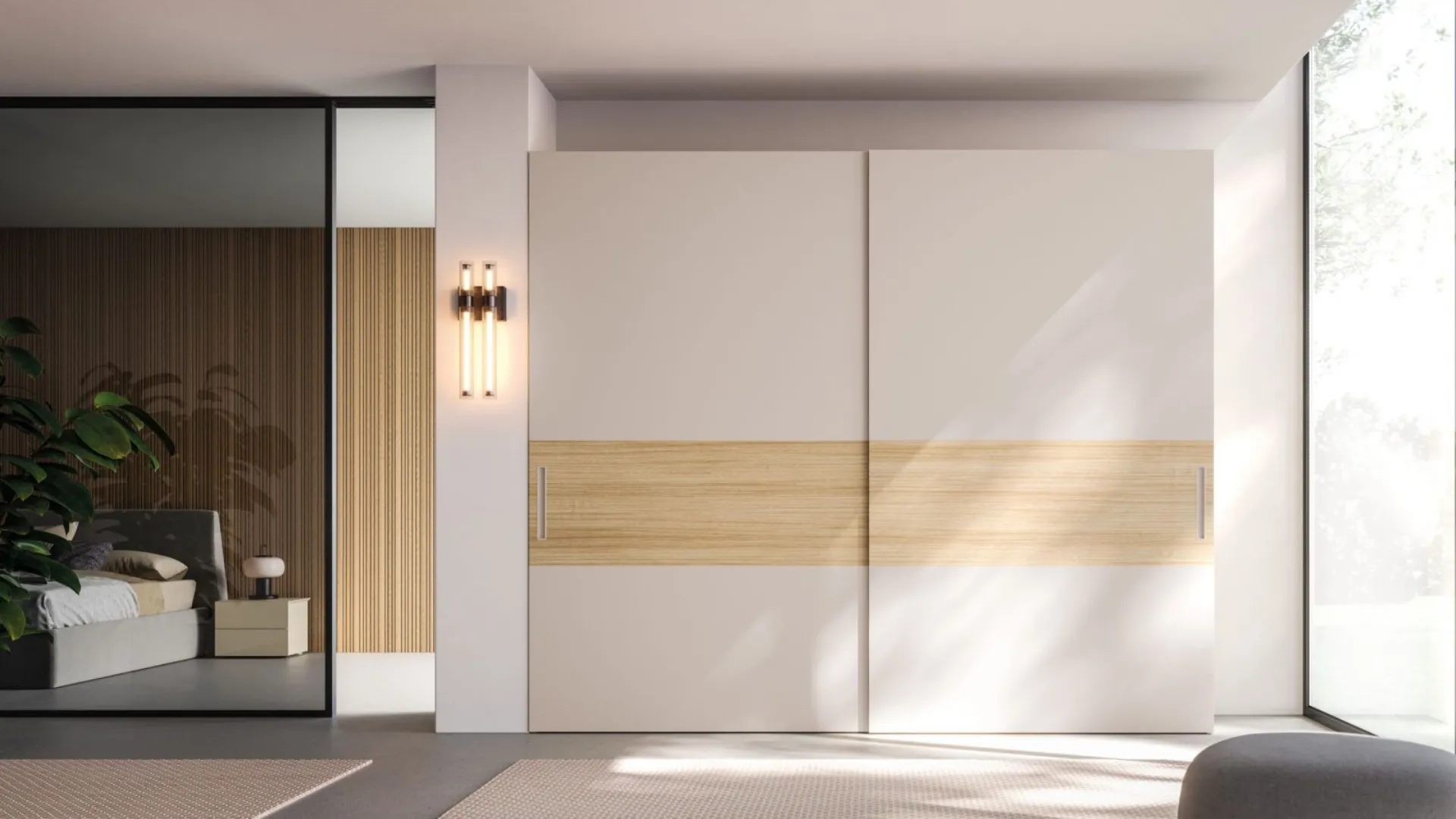 Sliding wardrobe with Maya door. Interior in Oak, doors in matte lacquered Sand and textured Oak.