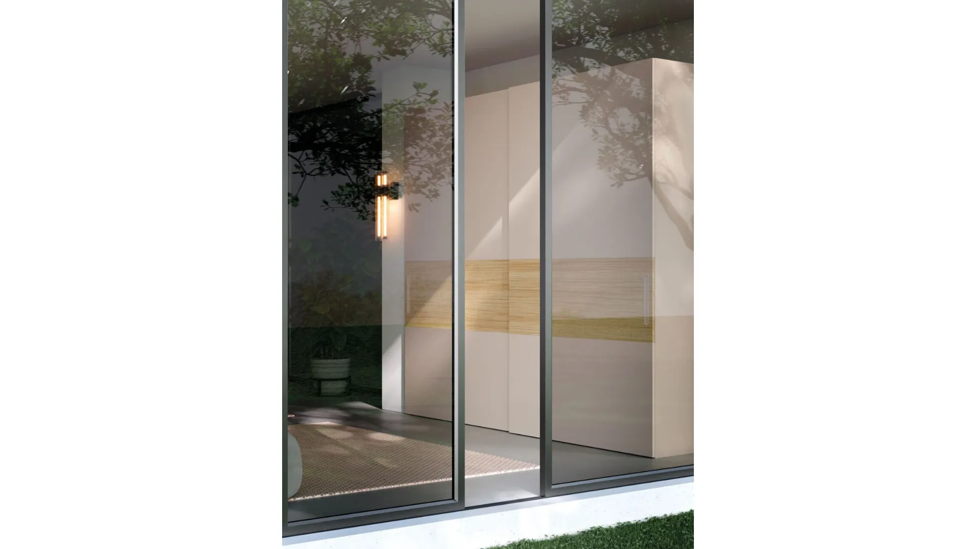 Sliding wardrobe with Maya door. Interior in Oak, doors in matte Sand lacquer and textured Oak.