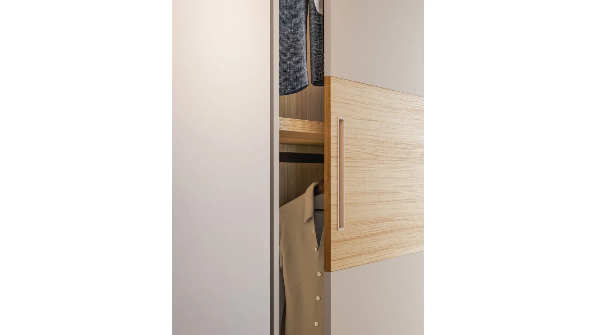 Sliding wardrobe with Maya door. Interior in Oak, doors in sand-colored matte lacquer and textured Oak.