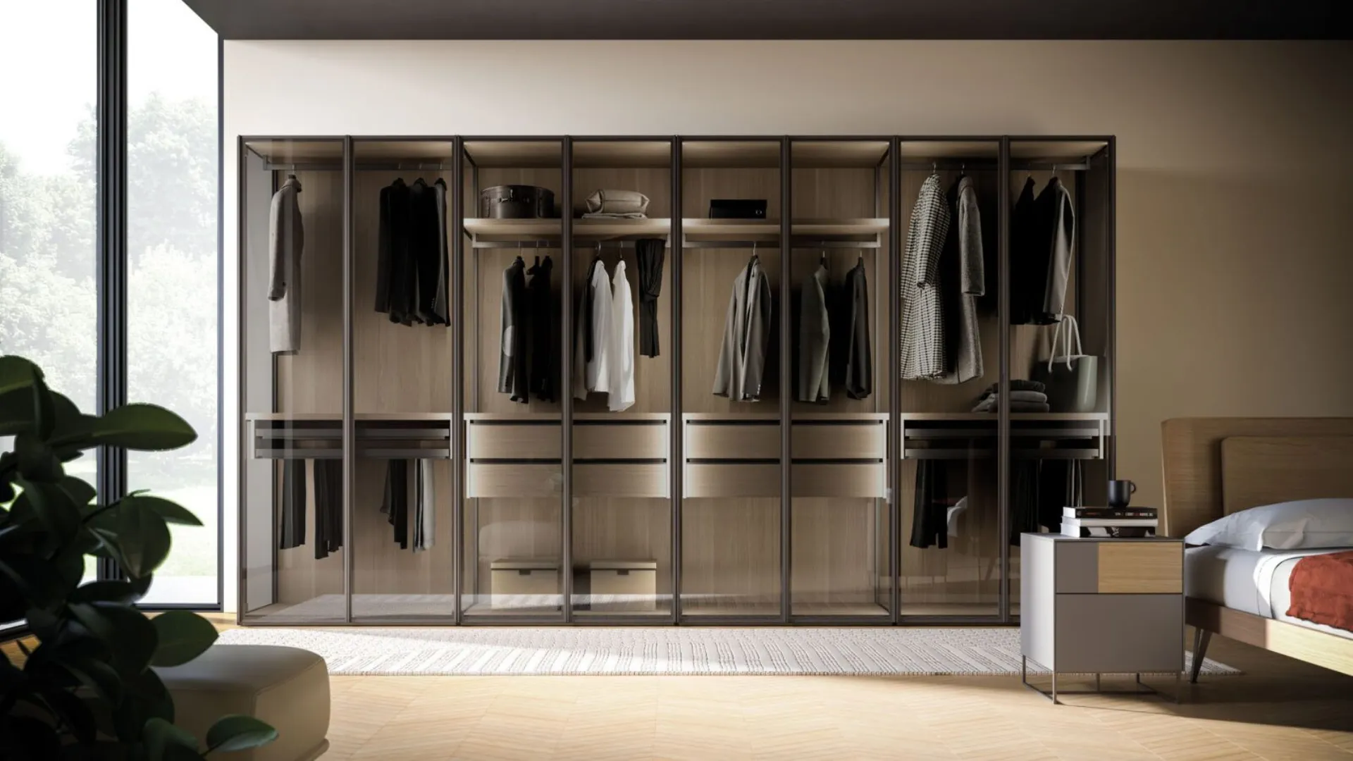 Skeleton cabinet with glass doors, with internal passing sides and external glass sides.