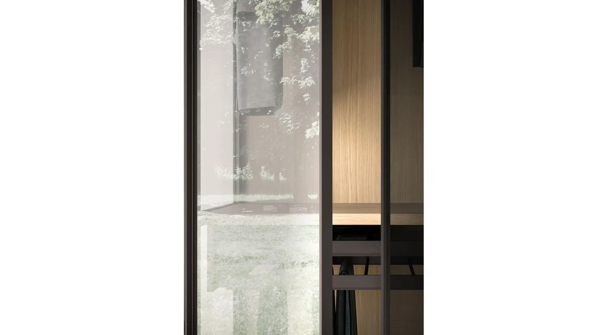 Skeleton wardrobe with glass doors, with internal passing sides and external sides in glass.