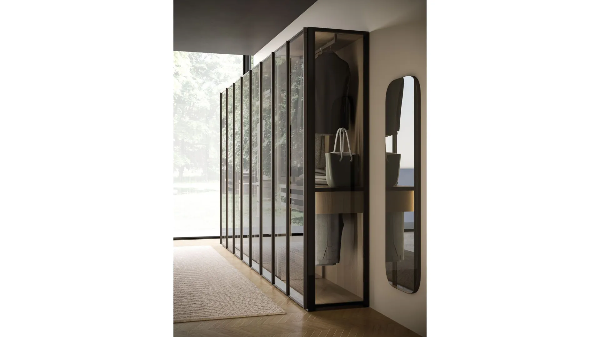 Skeleton wardrobe with glass doors, with internal pass-through sides and external sides in glass.