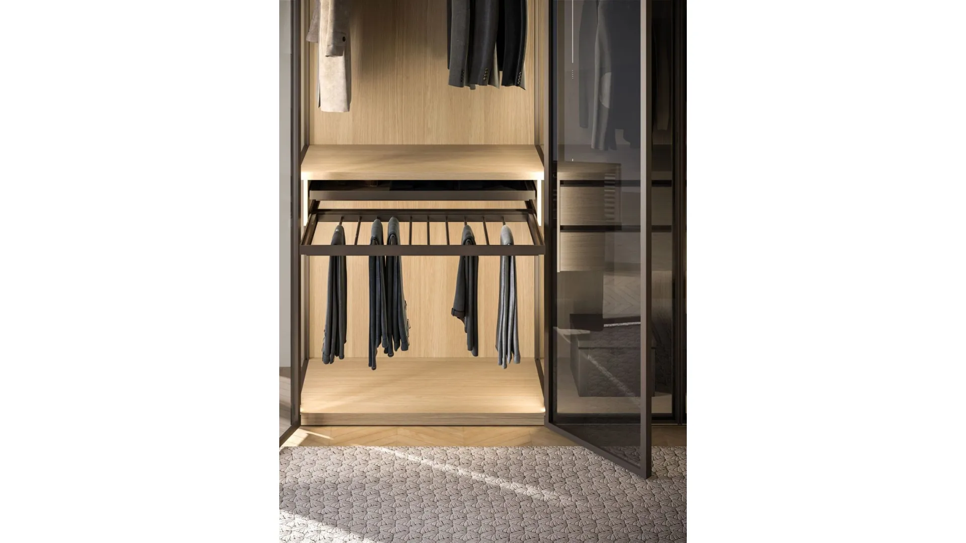 Skeleton wardrobe with Glass doors, with internal pass-through sides and external glass sides.