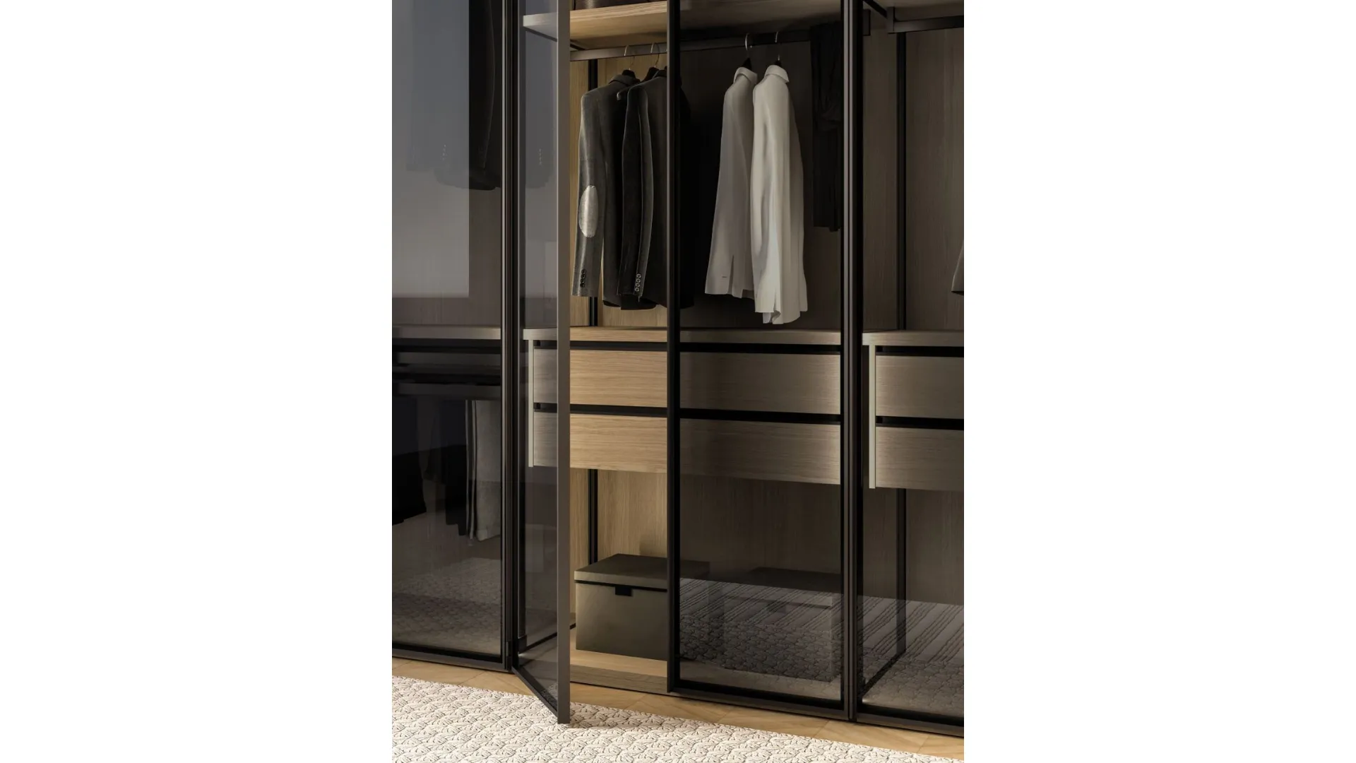 Skeleton wardrobe with glass doors, with internal passing sides and external sides in glass.
