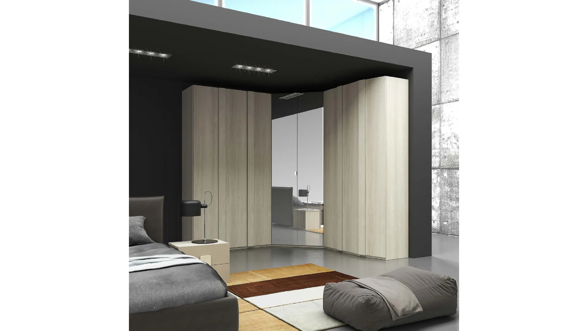 Corner wardrobe with hinged door, with mirror in the corner module.