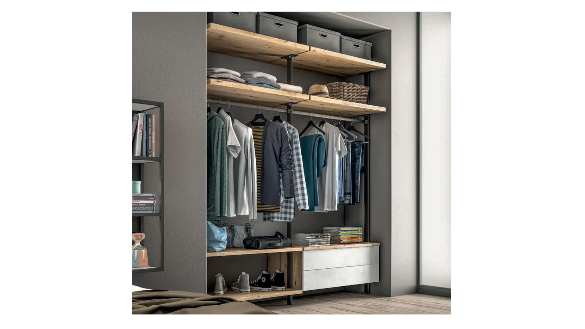 Walk-in closet with bookshelves, chest of drawers, and hanging rails. Customizable finishes 186x258