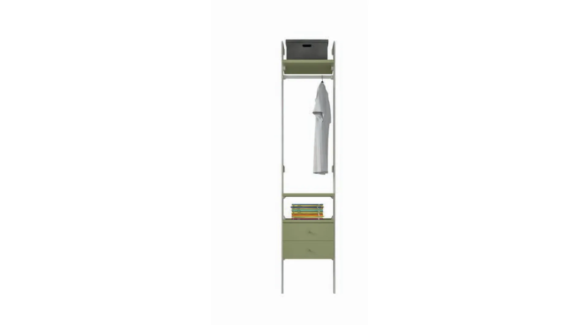 Walk-in closet with shelving, bookcase, dresser and hanging rail. Customizable finishes 186x258.