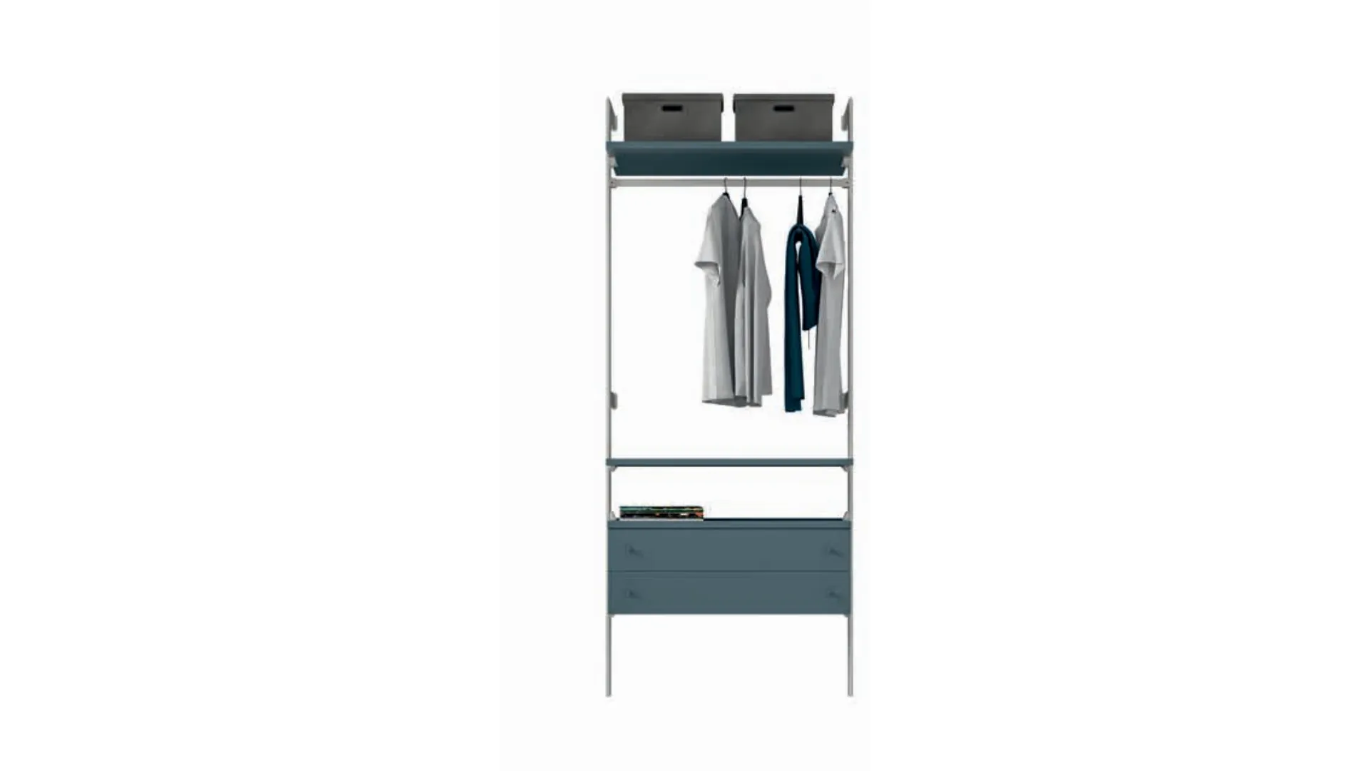 Walk-in closet with shelves, bookcase, chest of drawers, and hanging rails. Customizable finishes 186x258.