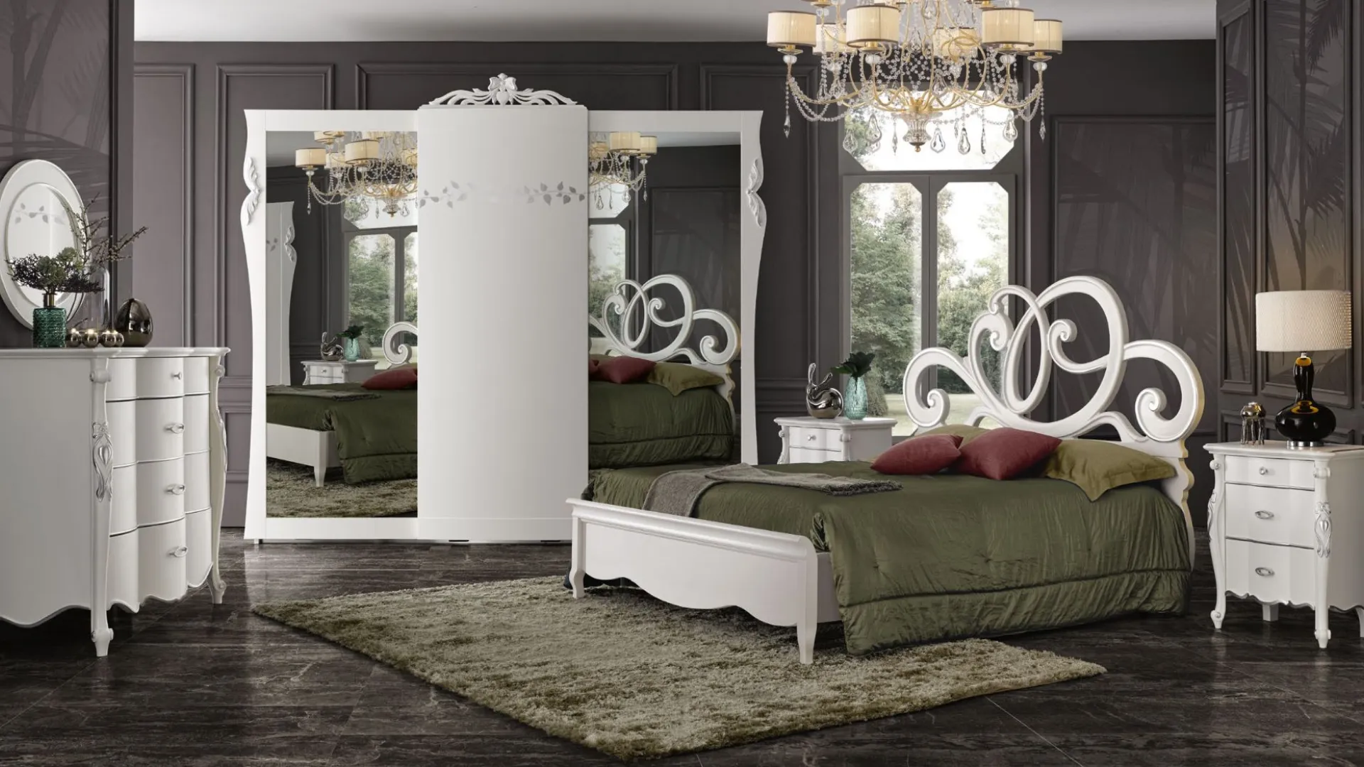 Double bedroom complete with classic-style bed with storage compartment and mirror.