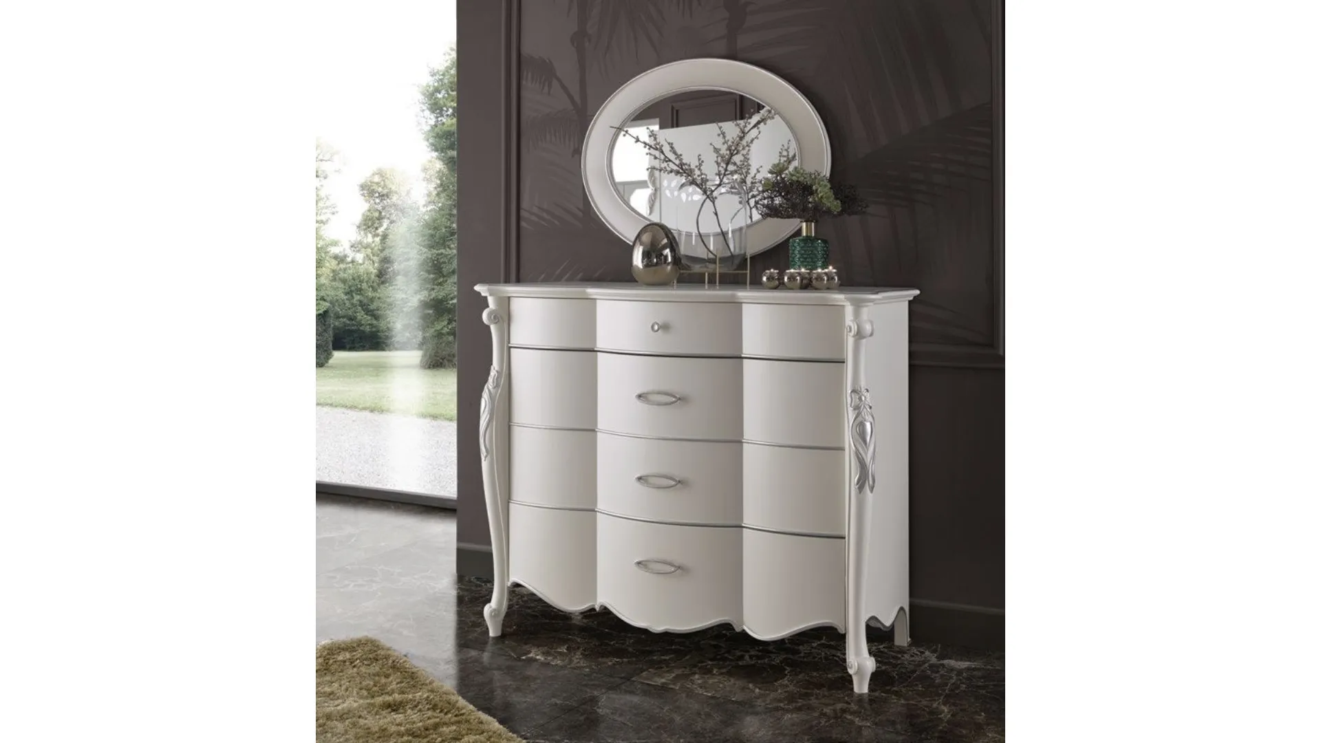 Double bedroom complete in classic style with storage bed and mirror.