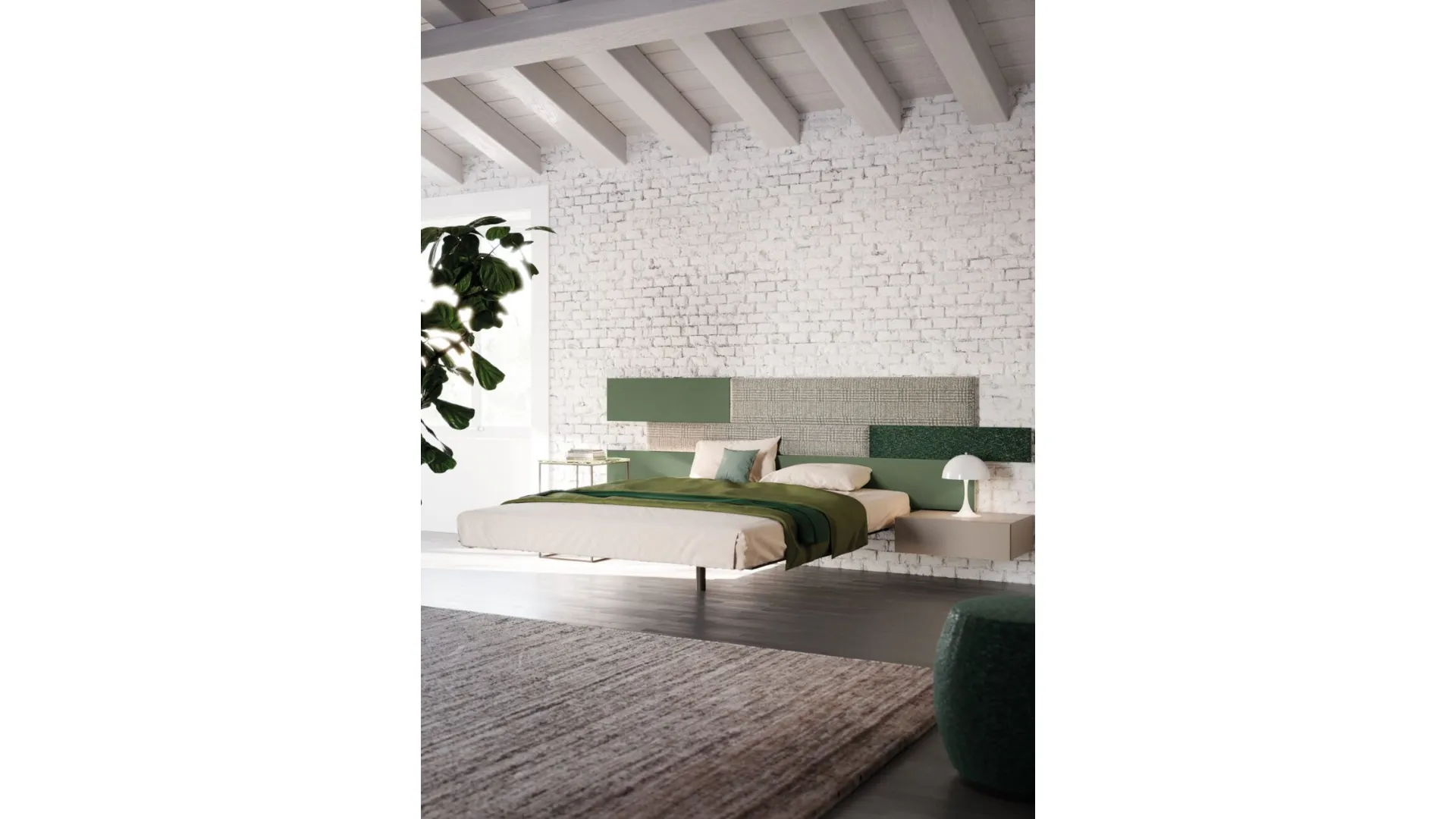 Double bedroom complete with Jasmine bed with upholstered fabric panels.