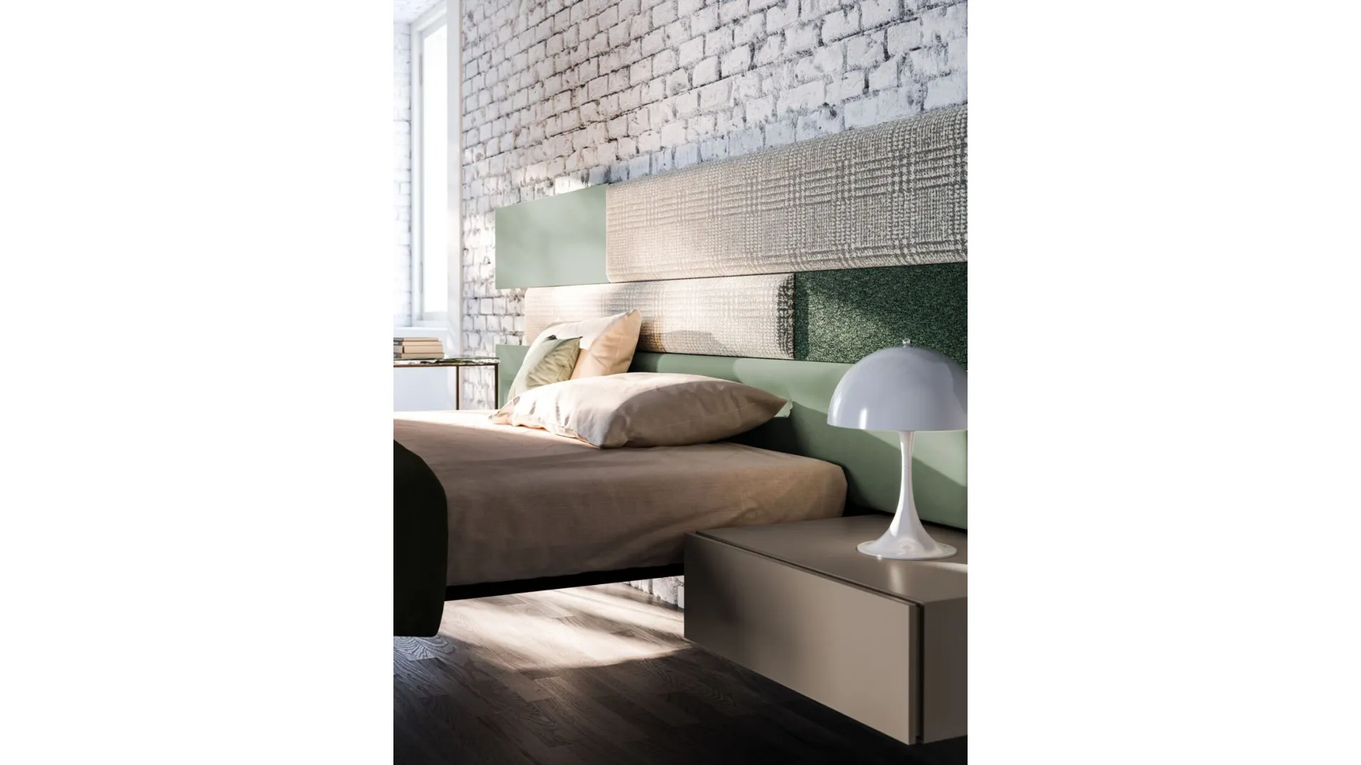 Double room with Jasmine bed complete with fabric upholstered panels.