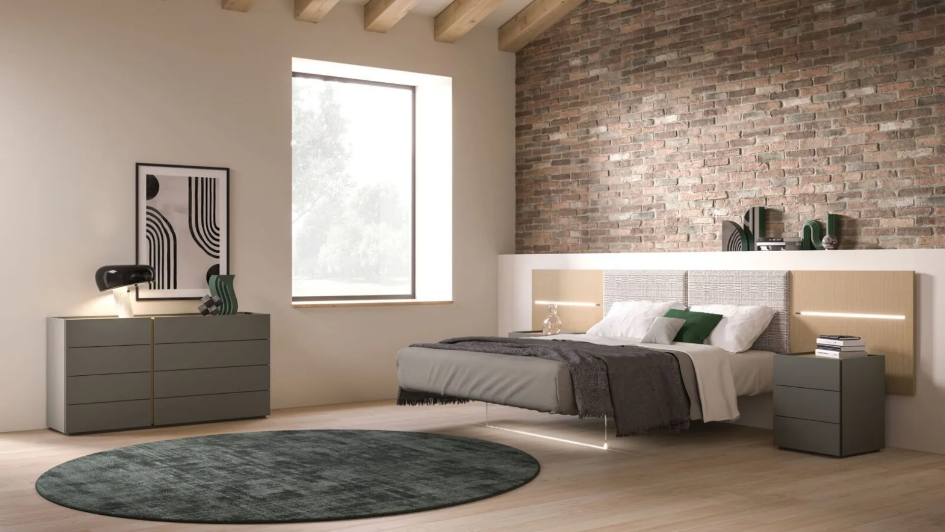 Double room complete with Jasmine bed in Oak finish and upholstered panel in fabric.