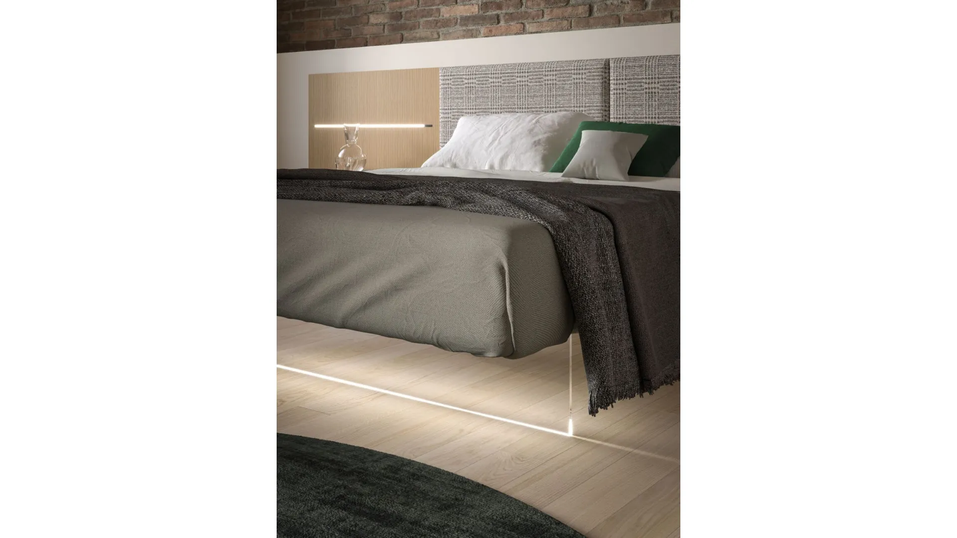 Double room complete with Jasmine finish Oak bed and upholstered fabric panel.
