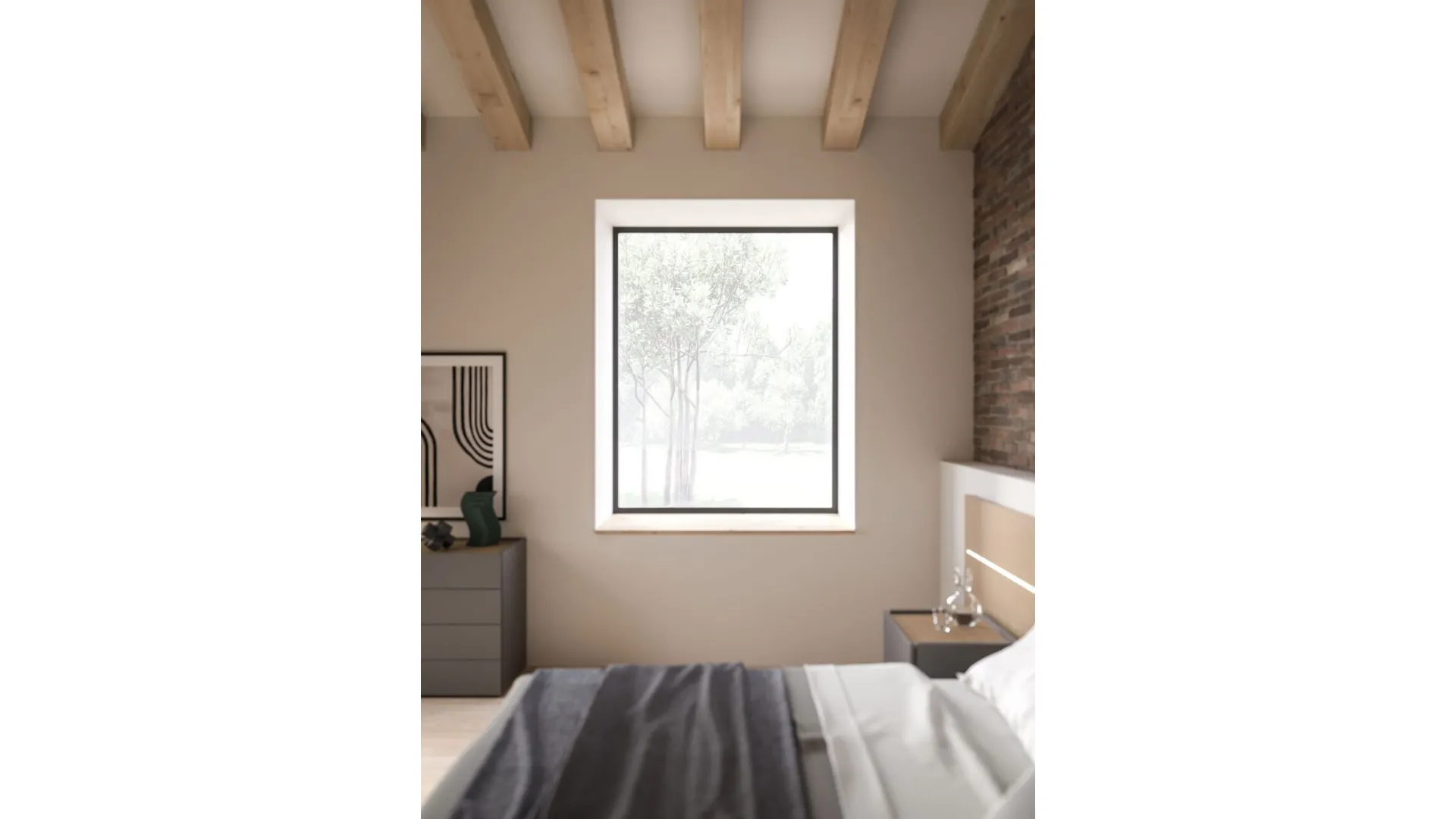 Double bedroom complete with Jasmine Oak finished bed and upholstered fabric panel.