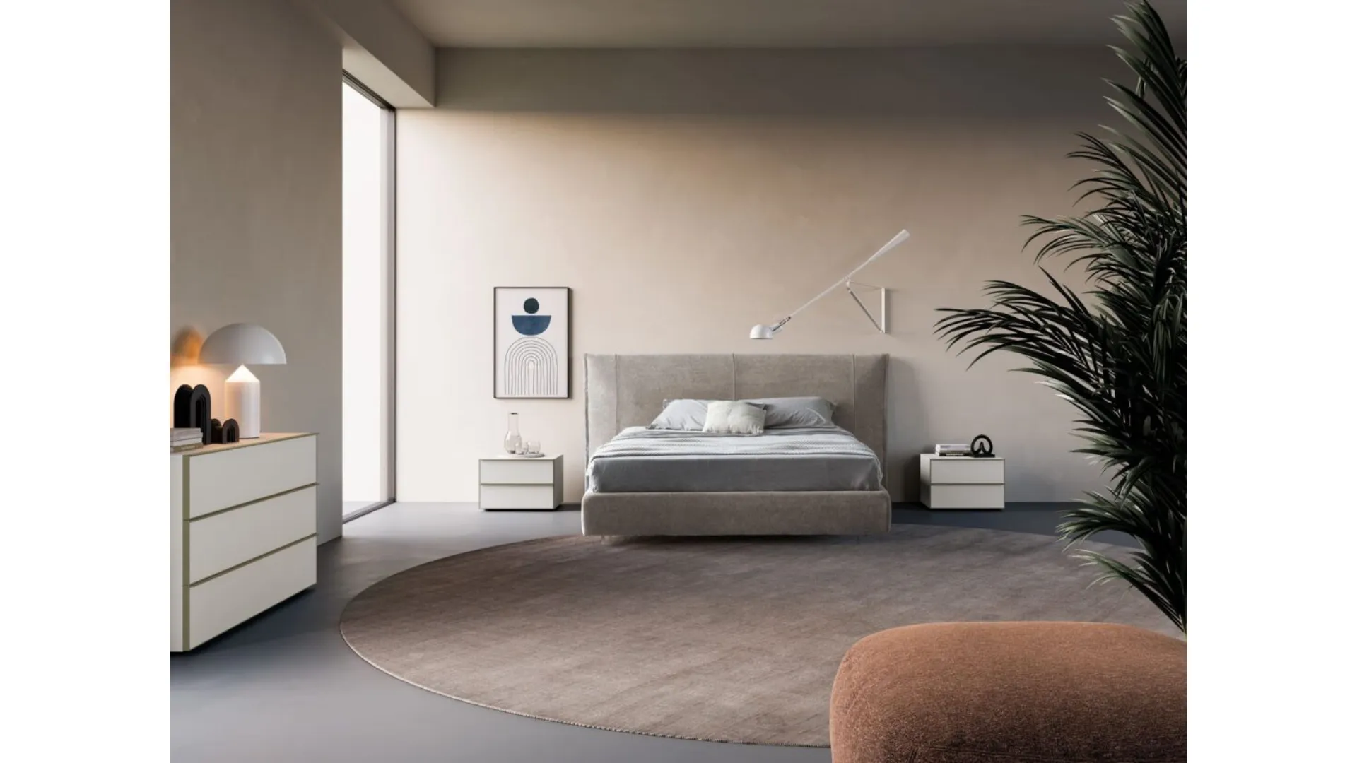 Double bedroom complete with night group in matte lacquered white with Palladium metal profiles.