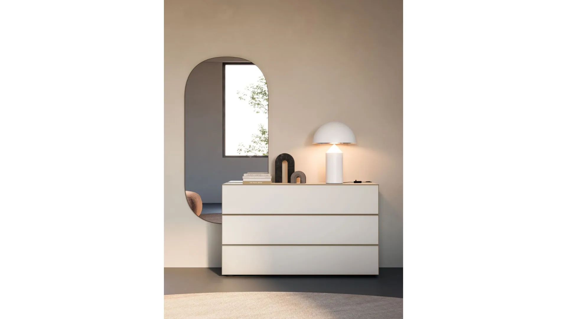 Double bedroom complete with night group in matt lacquered White with Palladium metal profiles.