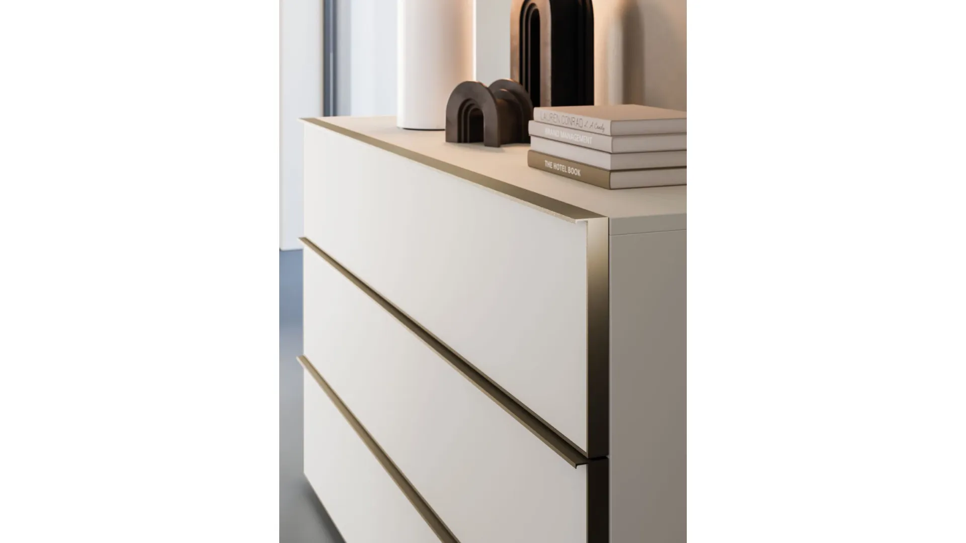 Double bedroom complete with night set in matte white lacquer finish with Palladium metal profiles