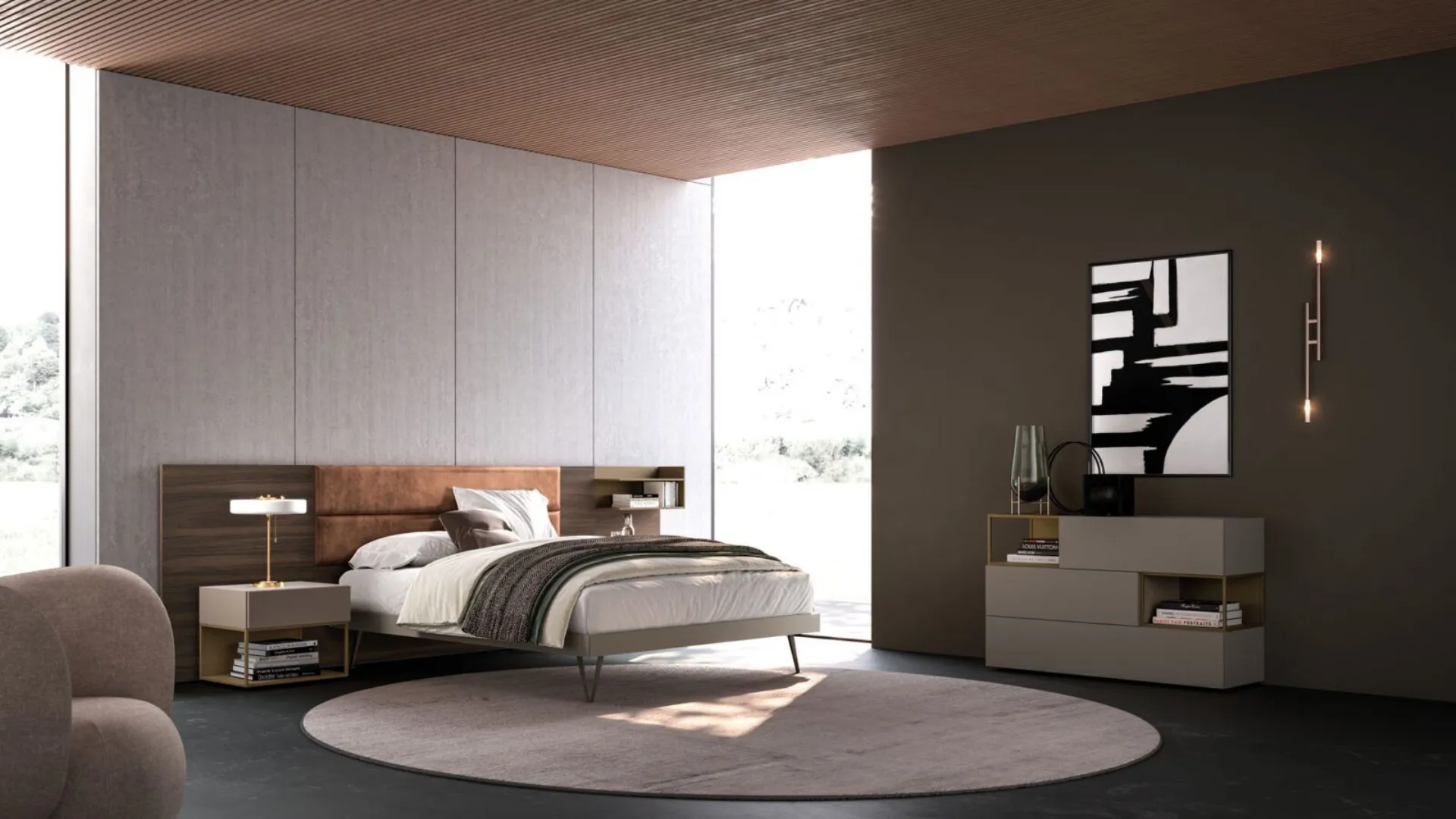 Double bedroom complete with Giako model bed and customized night group finishes.