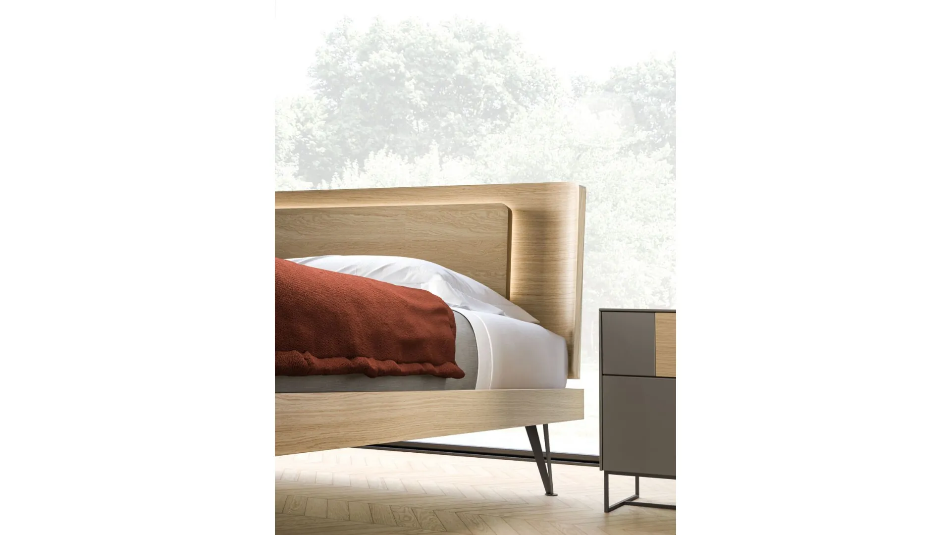 Double bedroom with full-size bed model Aura with backlit headboard and nightstand