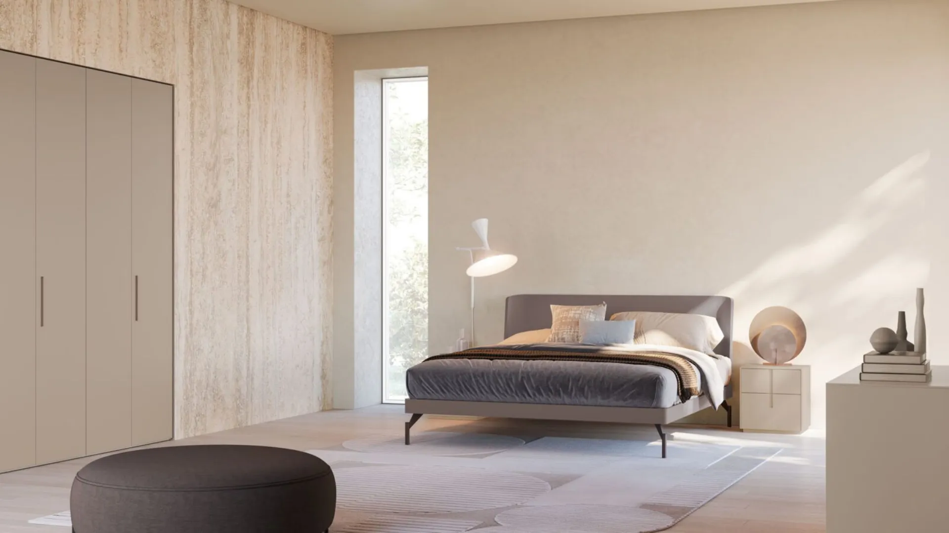 Double bedroom with Aura bed with matte lacquered bedframe and burnished metal foot.