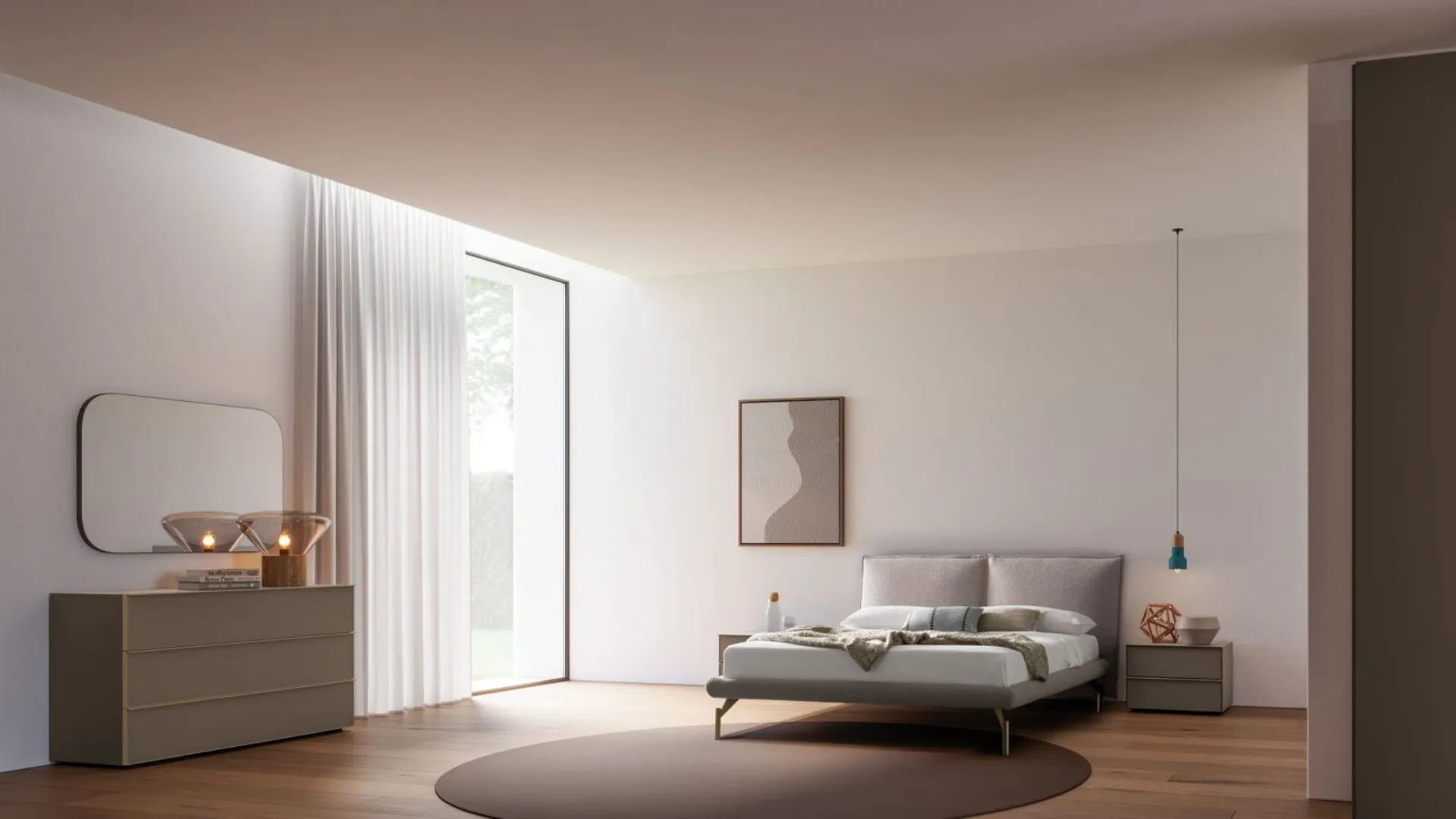 Modern double bedroom with upholstered fabric bed and night group in matte lacquered Earth.