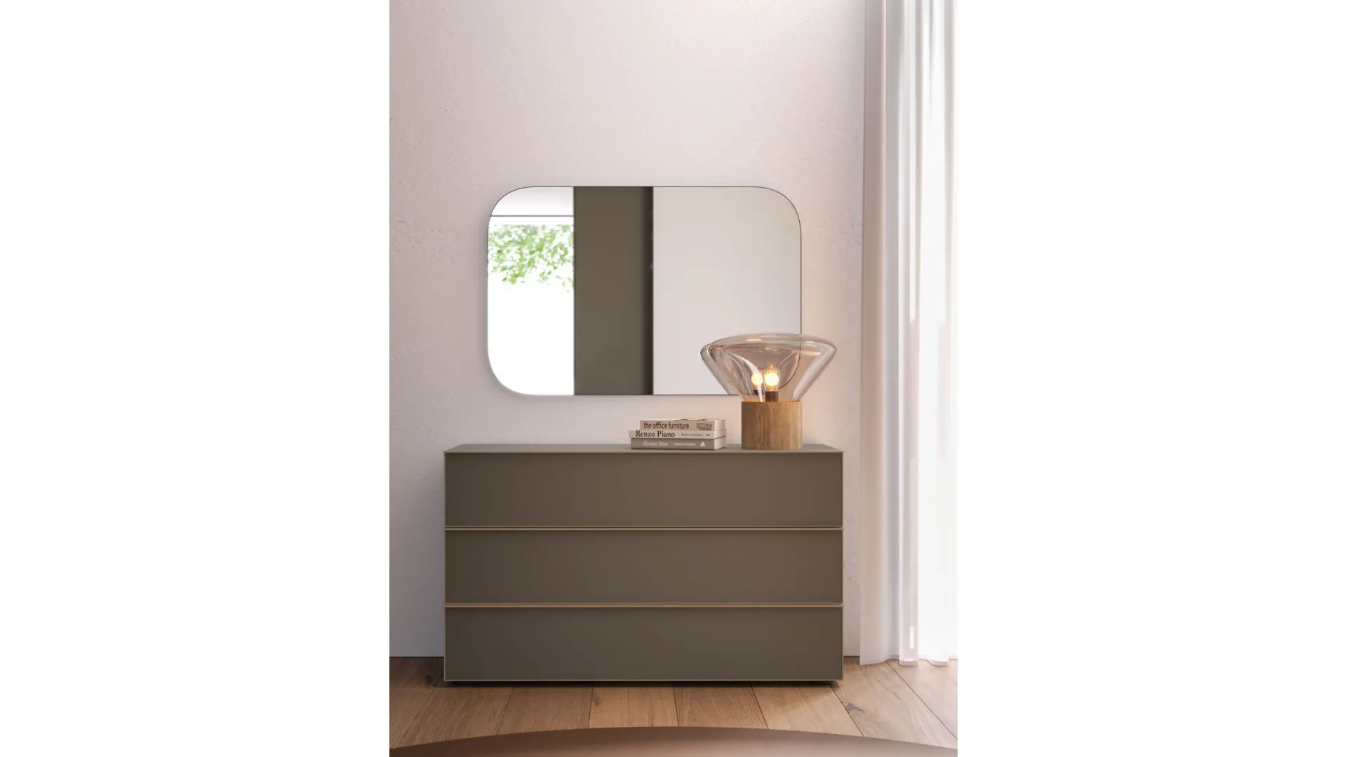 Modern double bedroom with upholstered fabric bed and night group in matte lacquered Earth color.