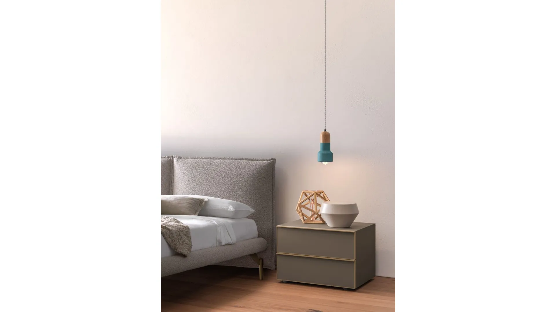 Modern double room with upholstered fabric bed and matte lacquered Earth night group.