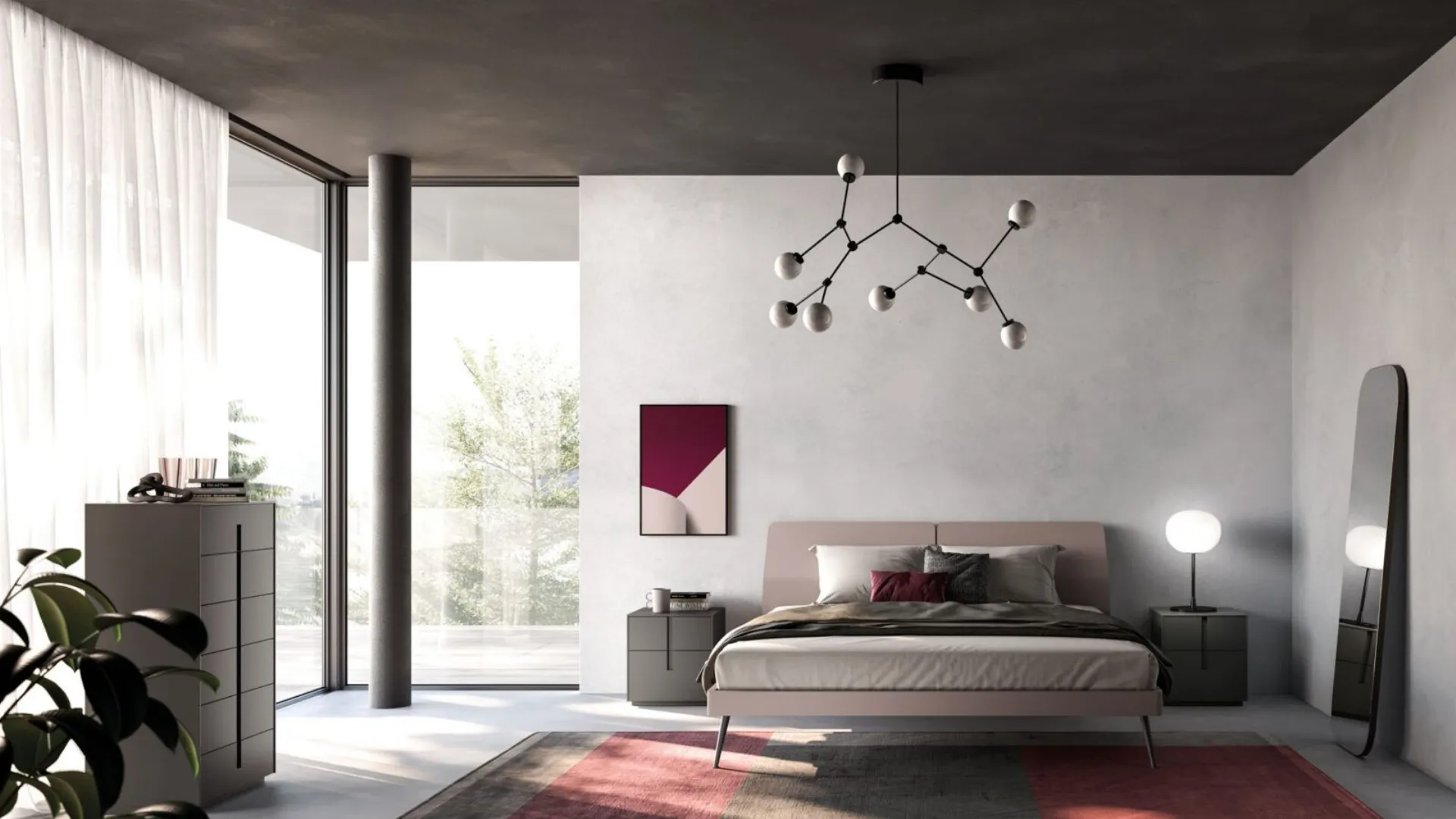 Modern double room with a designer bed and customizable night group in the finishes.