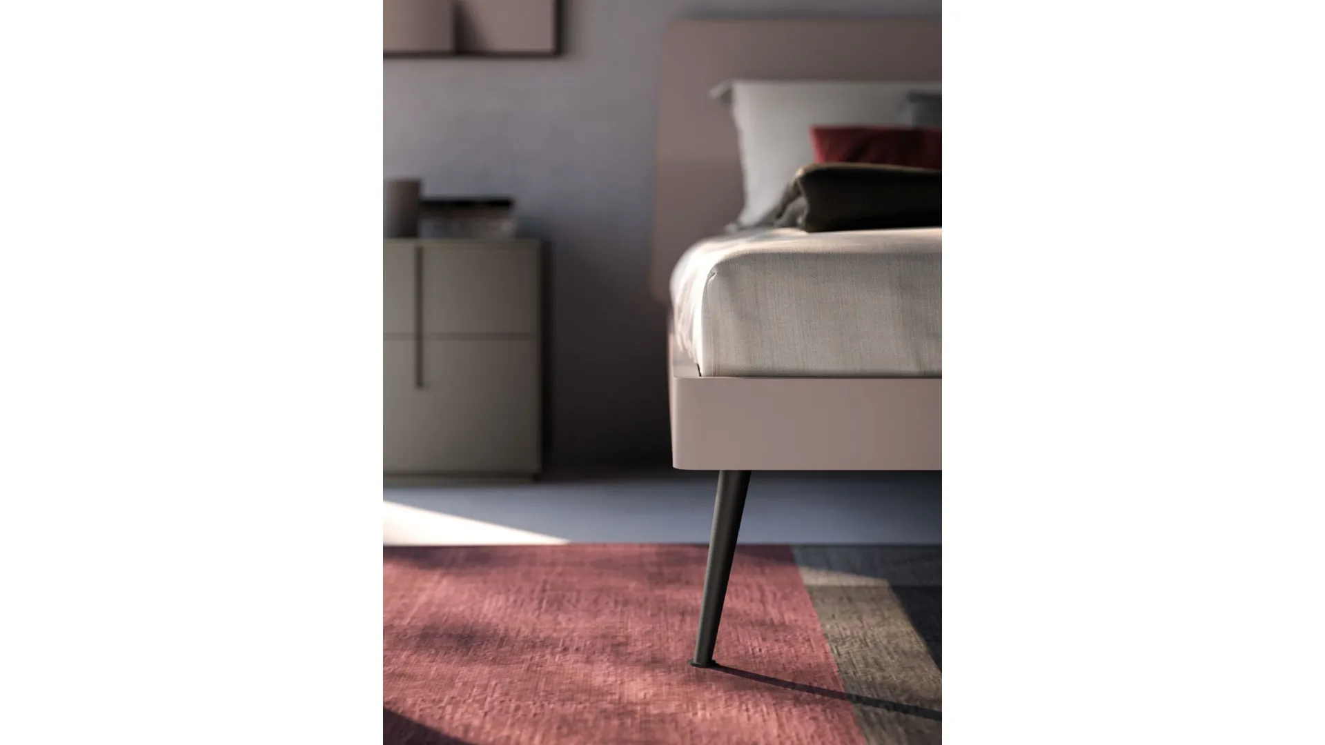 Modern double room with designer bed and customizable night group in finishes.