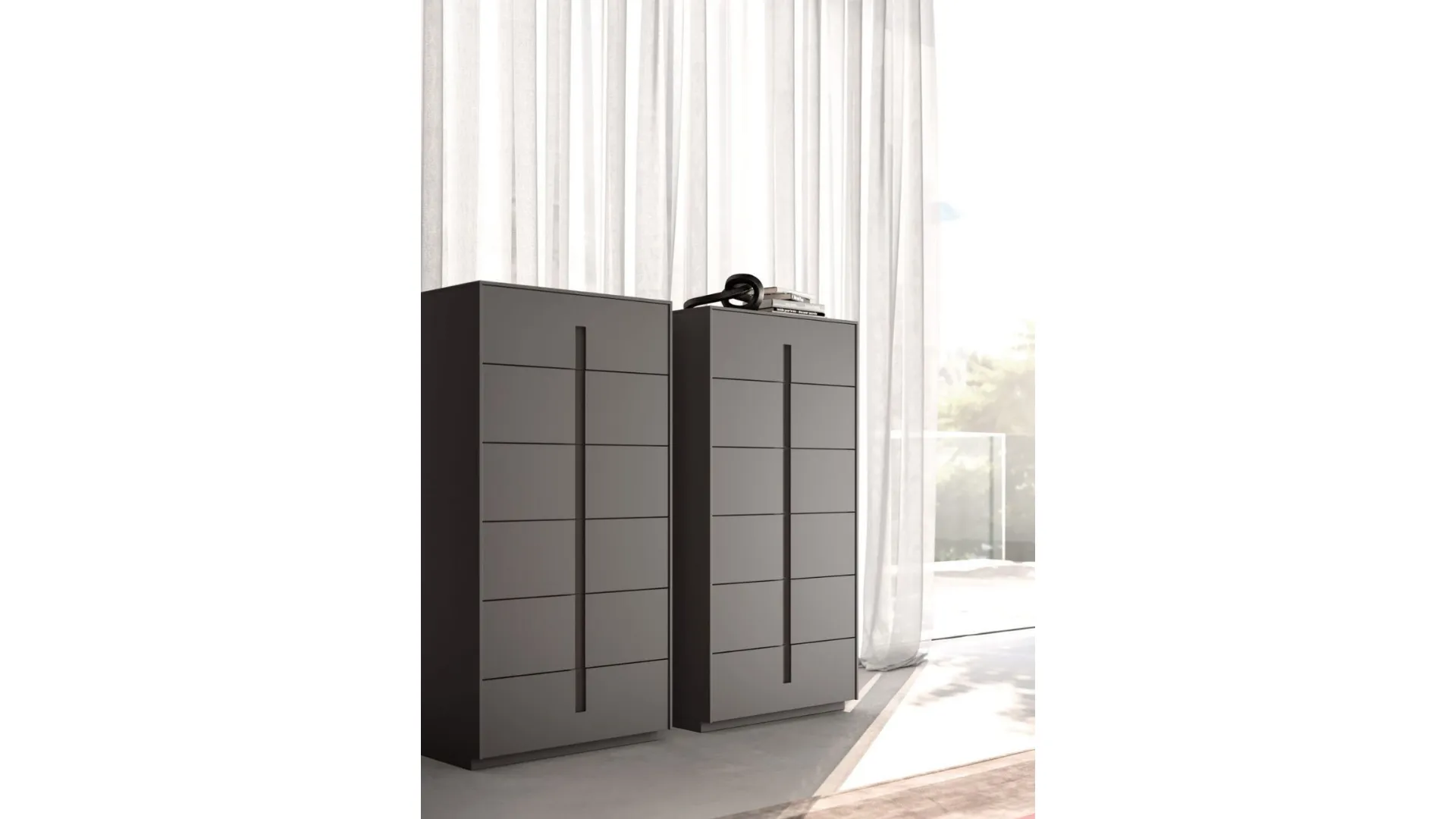 Modern double bedroom with designer bed and customizable night group in finishes.