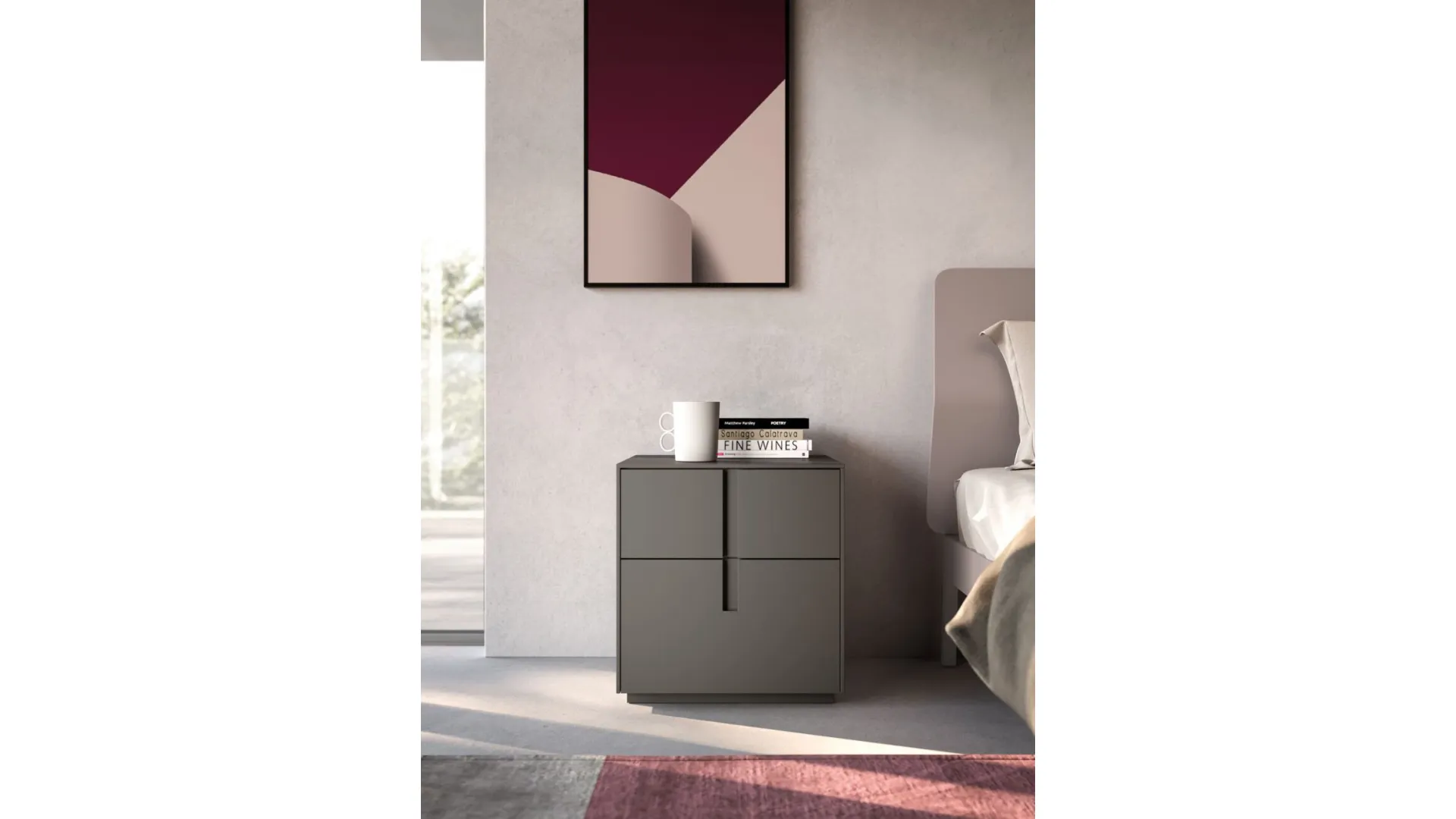 Modern double bedroom with designer bed and customizable night group in finishes.