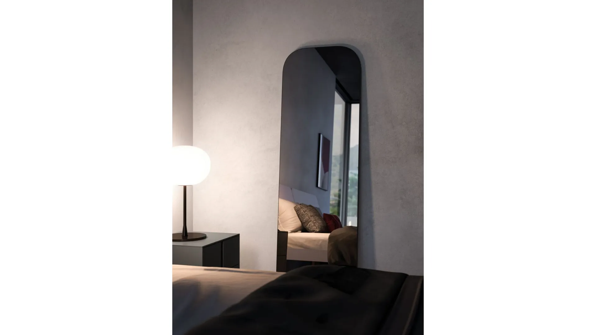 Modern double room with designer bed and customizable night group in finishes.
