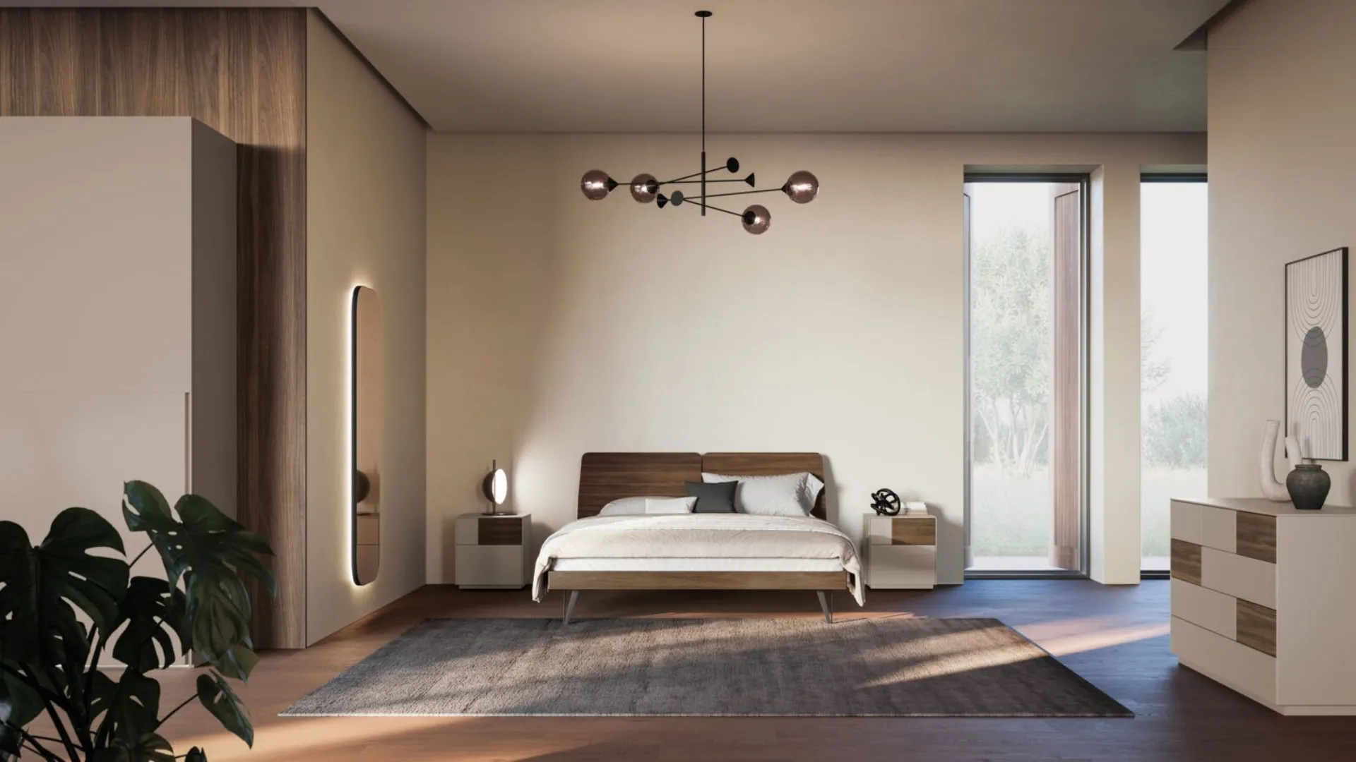 Double bedroom complete with Ofelia bed with textured bed frame and bronzed metal foot.
