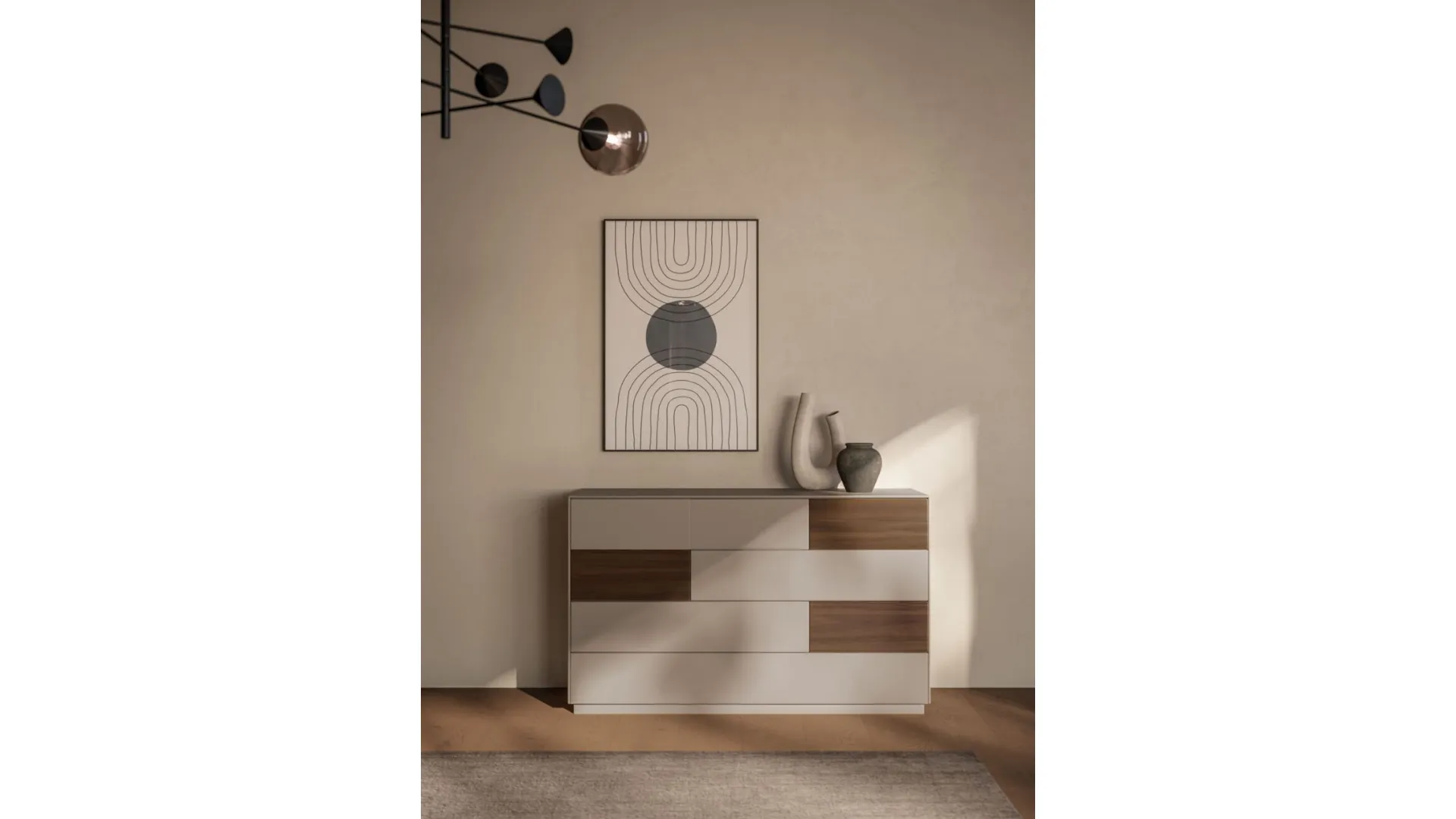 Double room complete with Ofelia bed with textured bed frame and burnished metal legs.