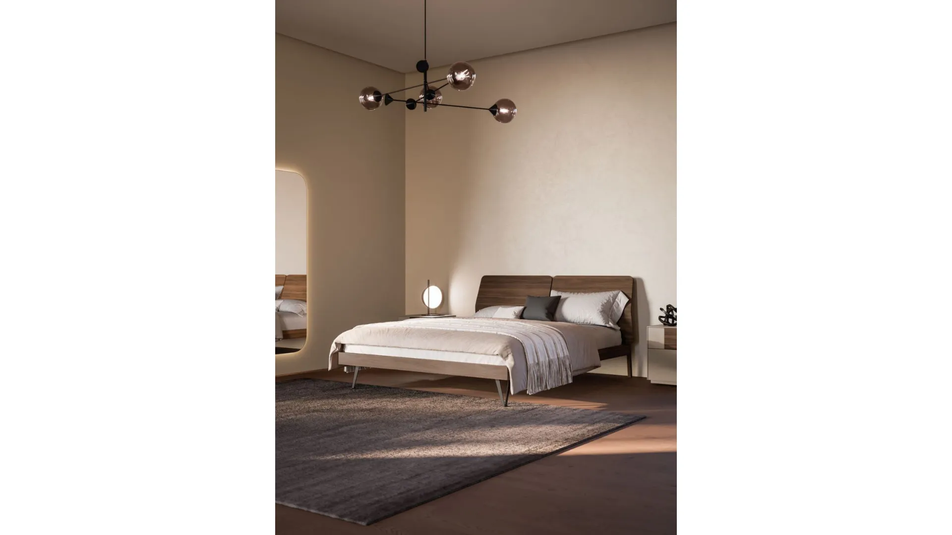 Double room complete with Ofelia bed with textured bed frame and burnished metal legs.