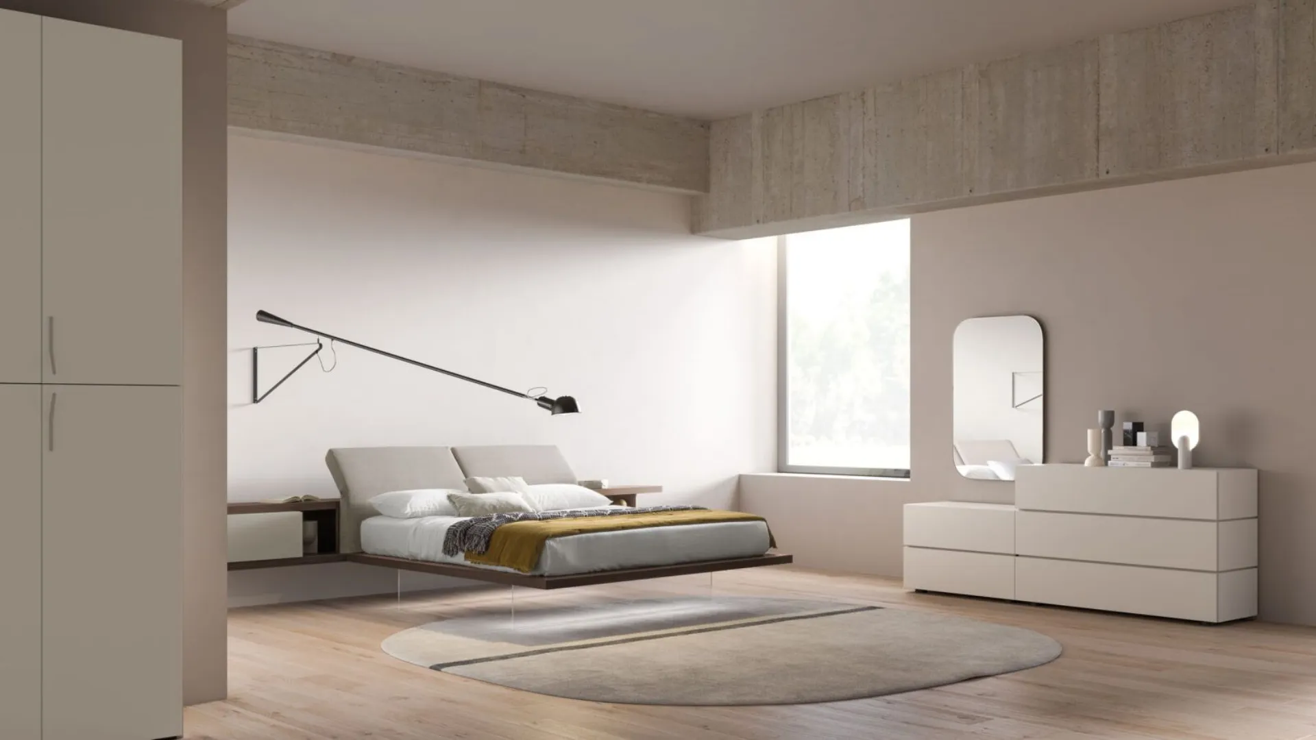 Double bedroom complete with Zefiro bed with upholstered reclining headboard 160x190.