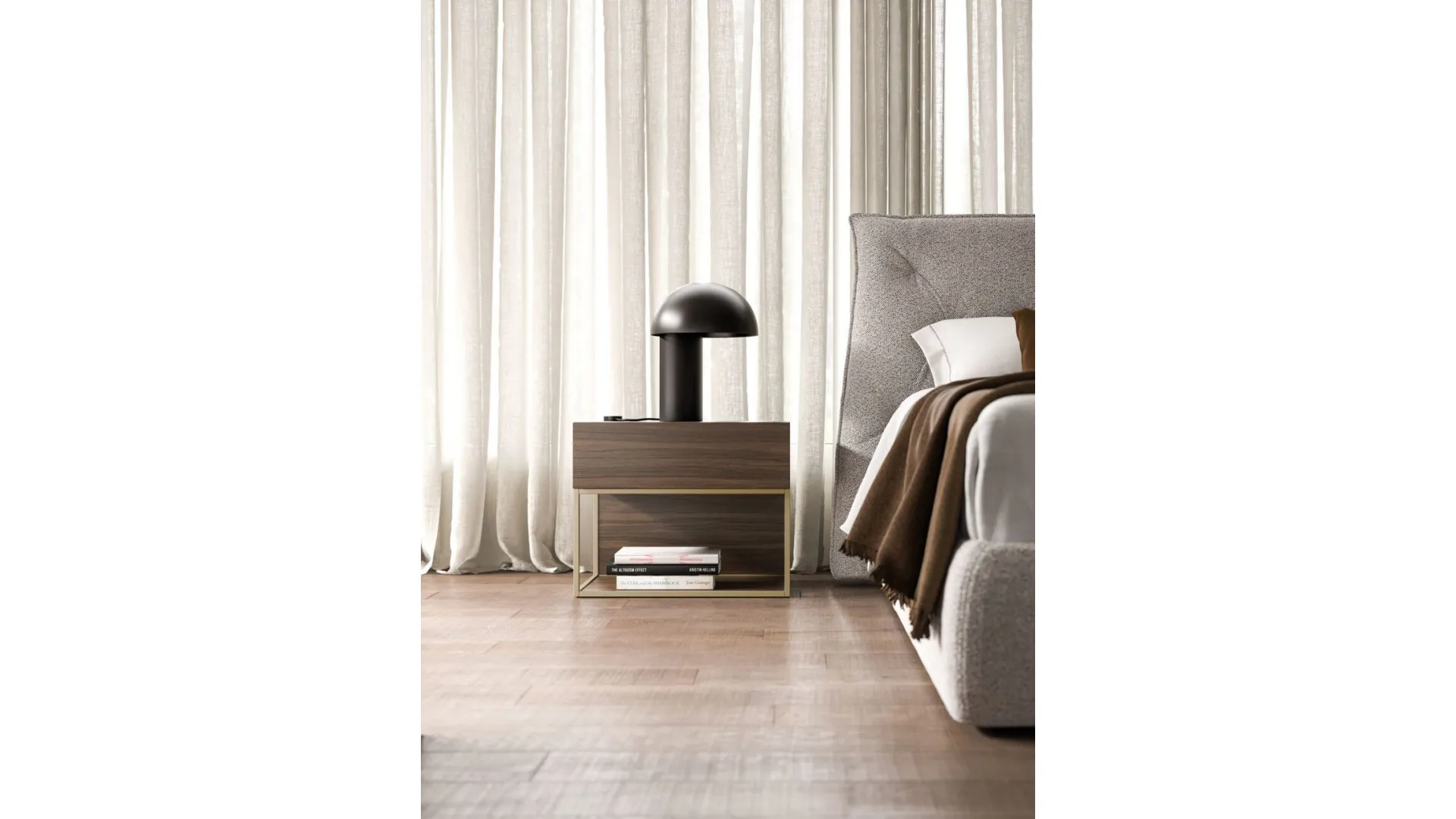 Double bedroom with fabric bed frame and textured Cotto night group.